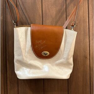 Signed Patricia Nash Small white leather backpack trimmed in brown